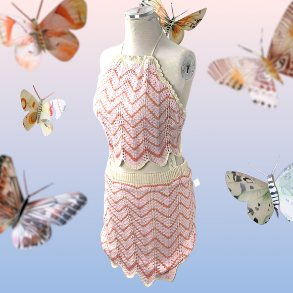Women’s Crochet 2 Piece Set Skirt Cropped Top Backless Pink Orange Beige New WT - Picture 3 of 16